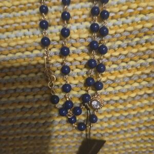 Elegant Blue and Gold Beaded Necklace. Blue Goldstone/crystal Acccents. Wrap